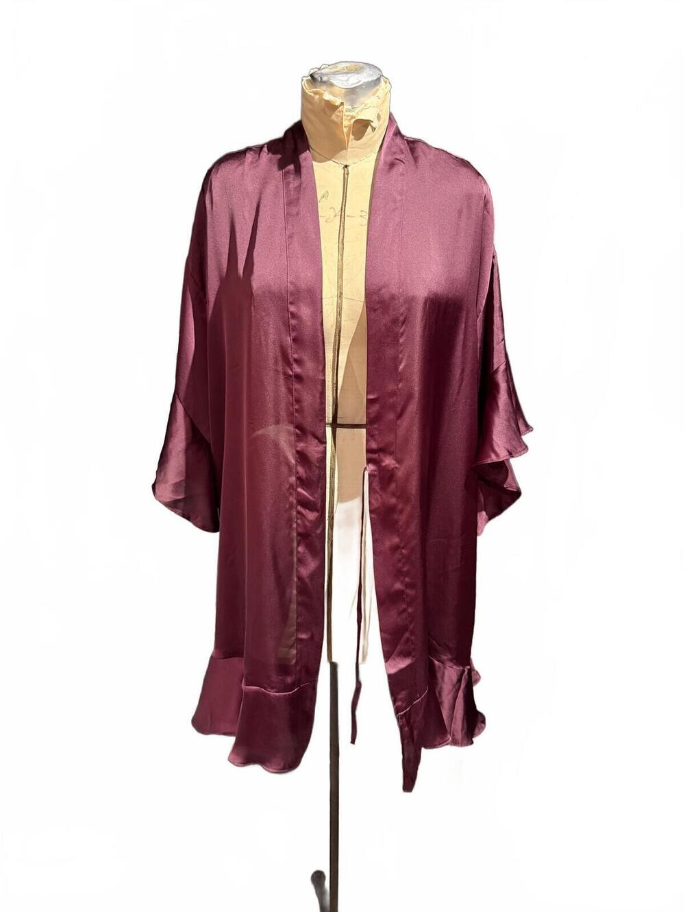 Victoria’s Secret Elegant Burgundy Satin Kimono Robe with Ruffle Hem